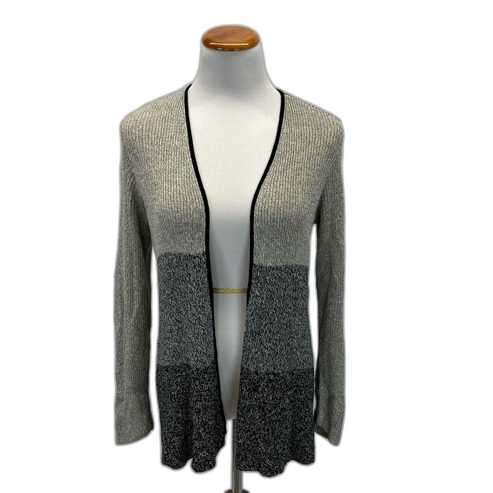 Eileen Fisher Black Gray Color Block, Italian Yarn, Open Front Cardigan Sz M